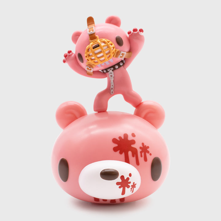 gloomy bear smols. glommy bear with muzzle over mouth. spiked collar around neck with chain. gloomy bear is posed with arms and claws up.