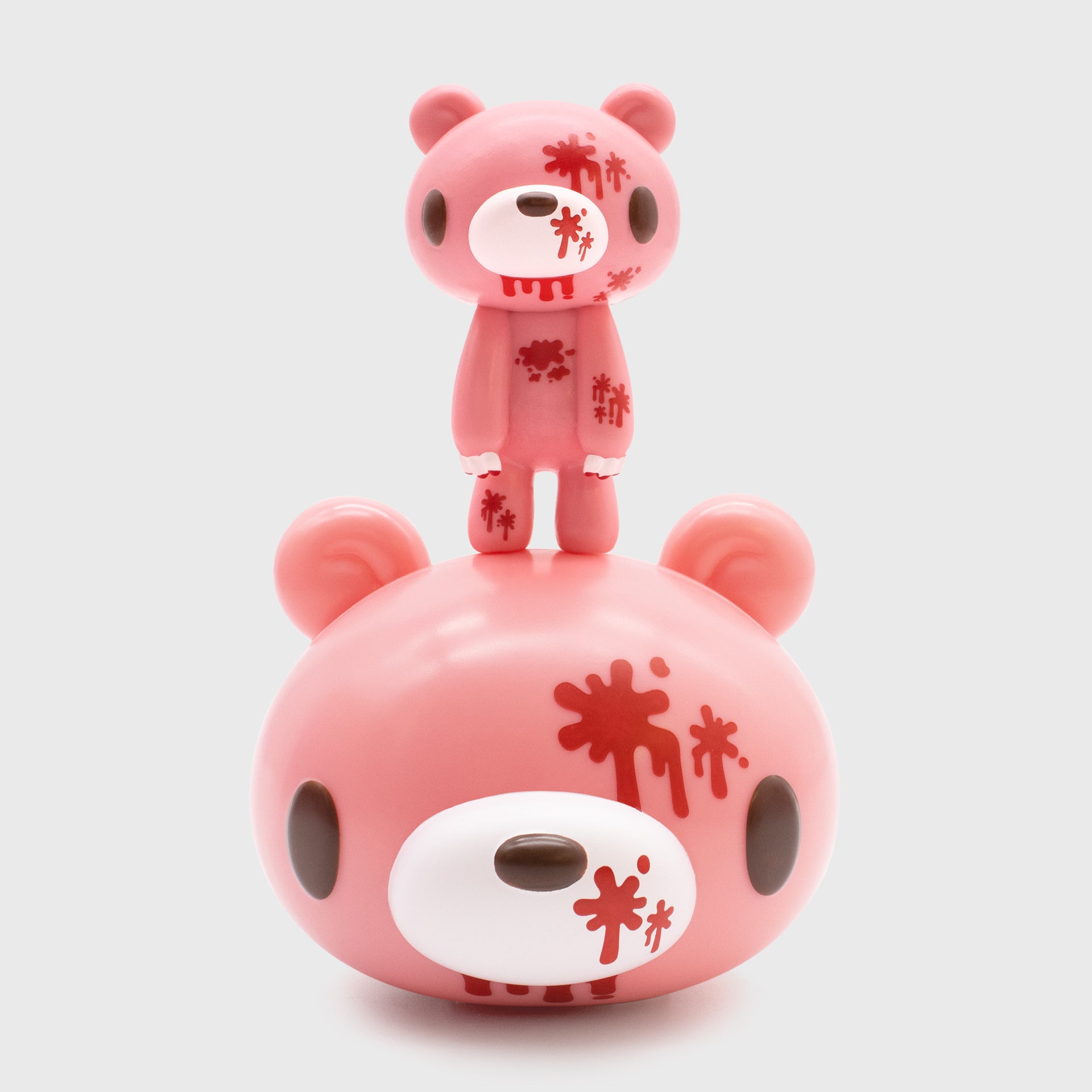 gloomy bear smols. gloomy bear standing with blood splats on face and body. stand is of gloomy bear head with blood splats. (all figures)