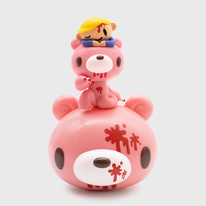 gloomy bear smols. gloomy bear sitting with boy sitting on top of head winking.