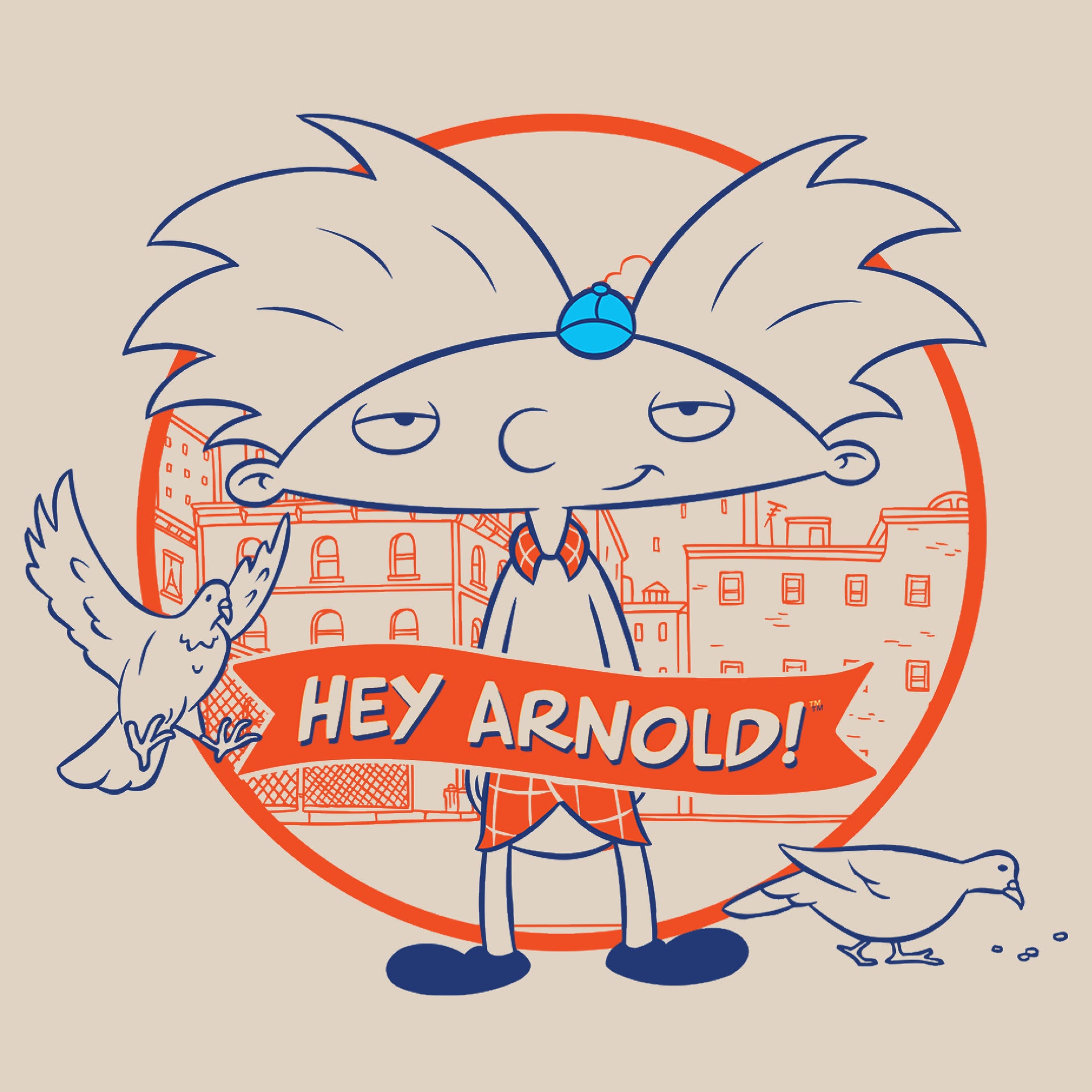 close up image on shirt: arnold standing in front of city. 2 pigeons. text: hey arnold!