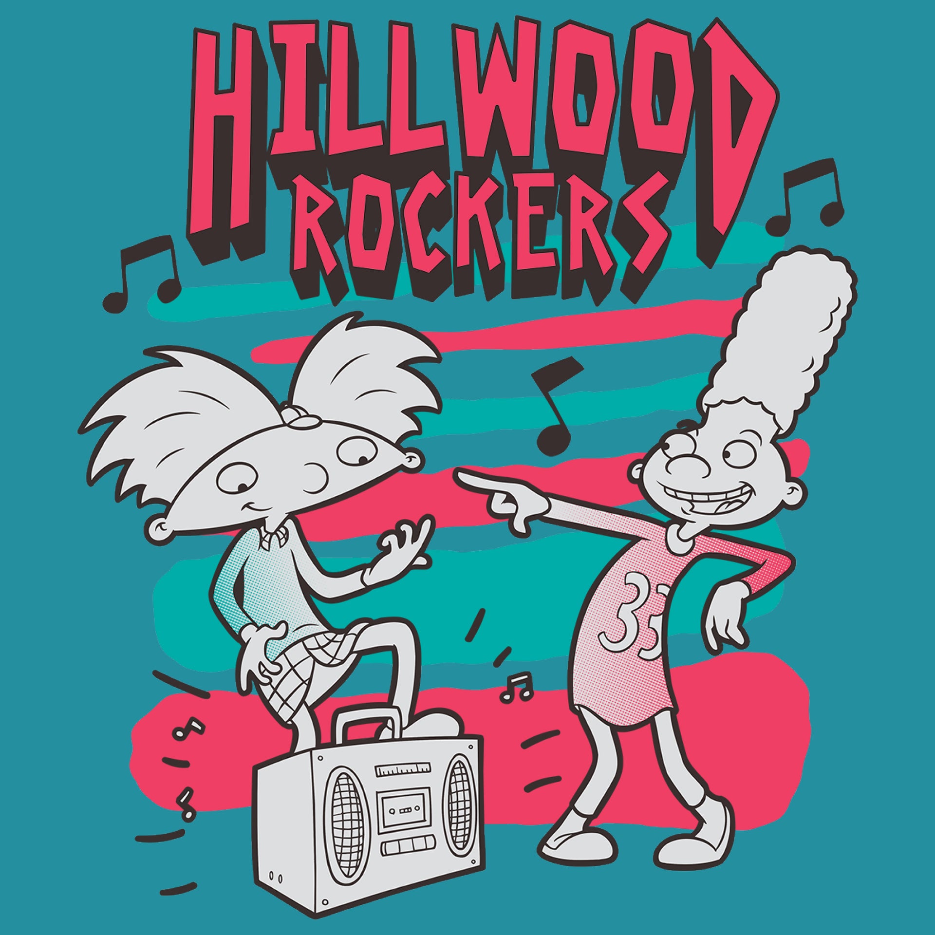image on shirt: arnold leaning on boom box and gerald pointing at him. music notes. text: hillwood rockers