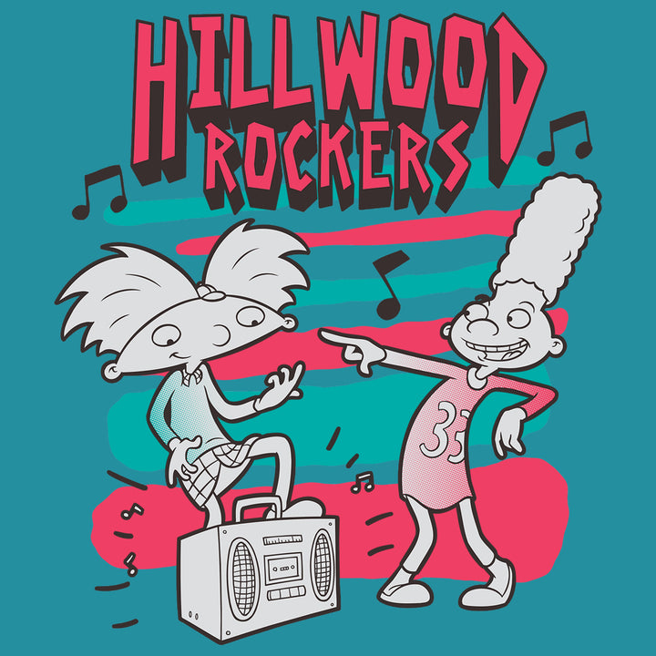 image on shirt: arnold leaning on boom box and gerald pointing at him. music notes. text: hillwood rockers