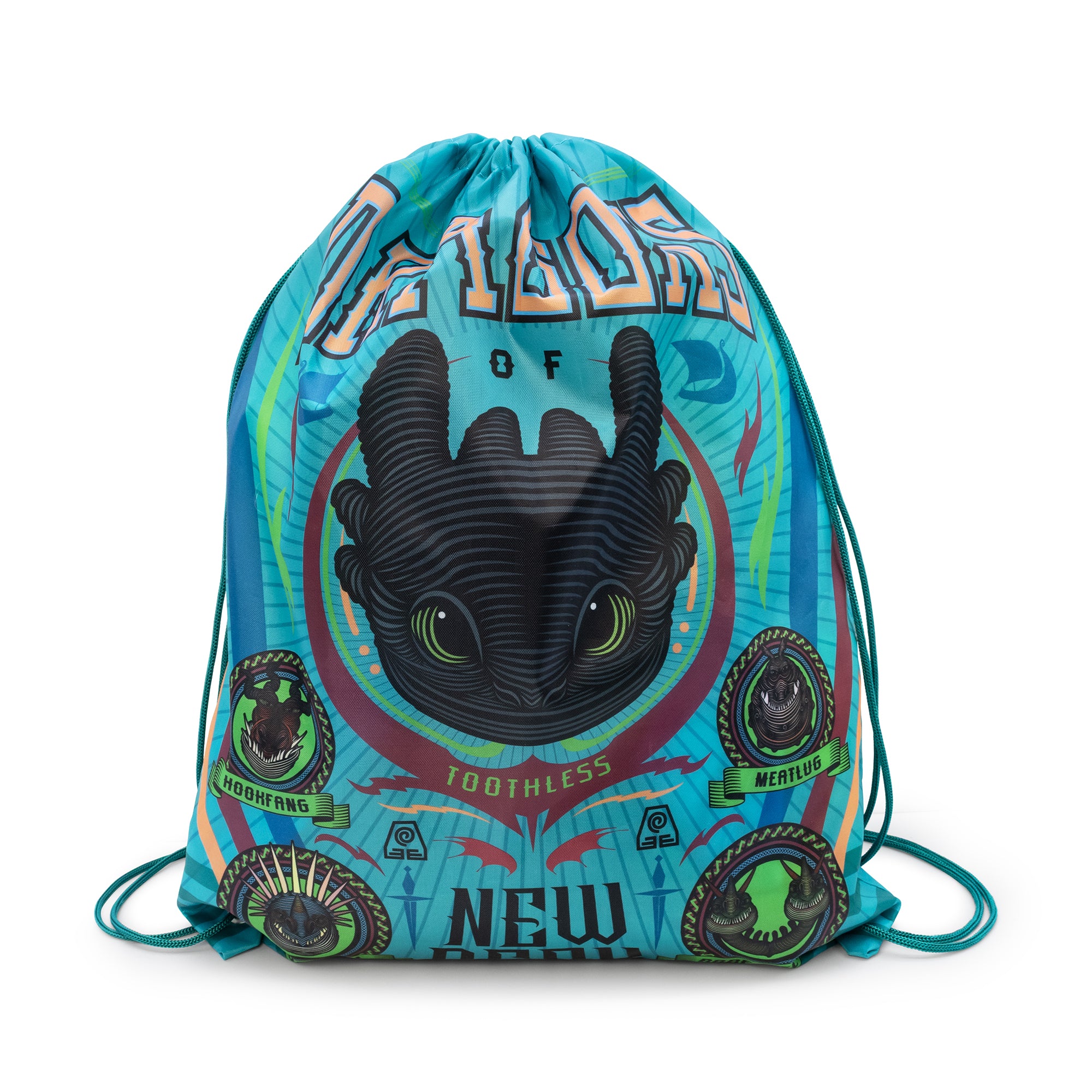 Drawstring bag with Toothless from 'How to Train Your Dragon' design on a blue background