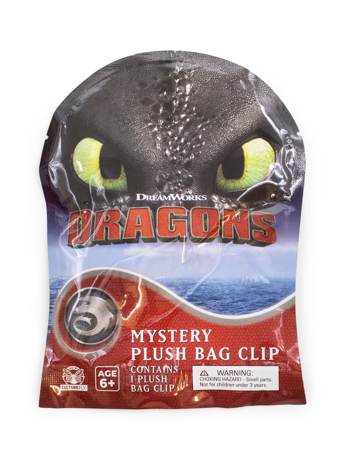 Packaged mystery plush bag clip from DreamWorks Dragons on a white background