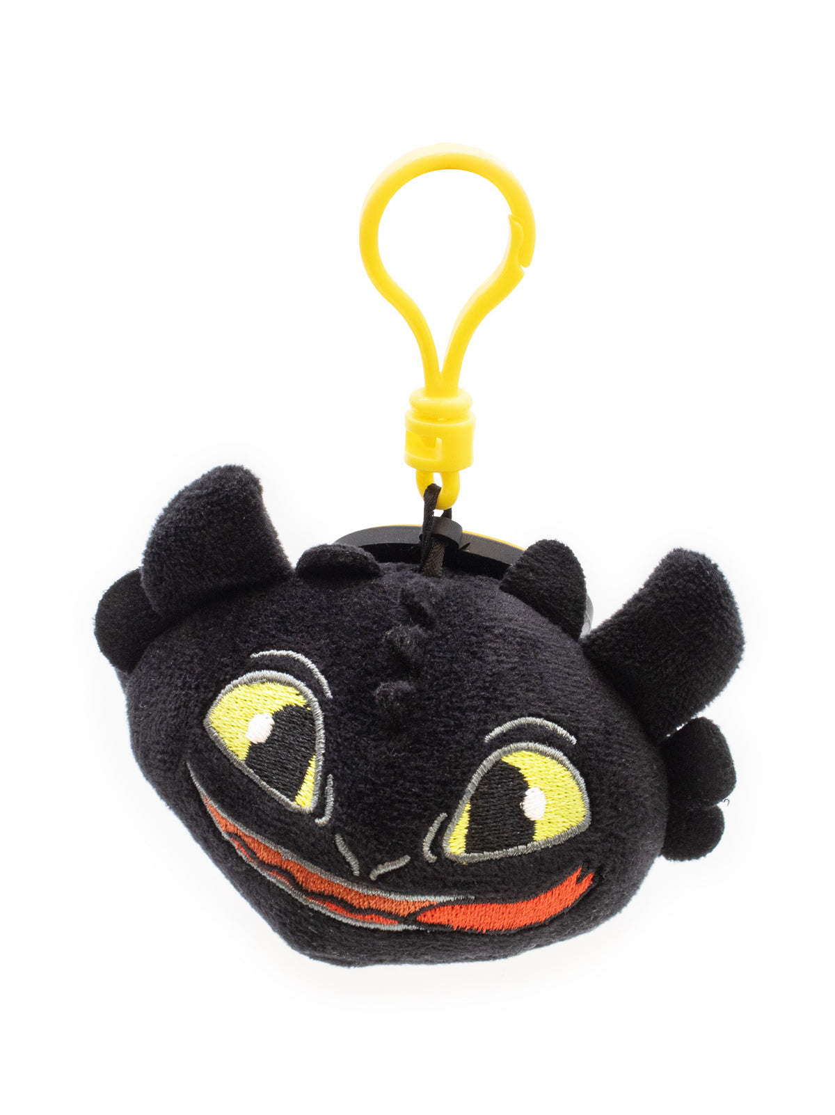 Black plush keychain with yellow accents on a white background