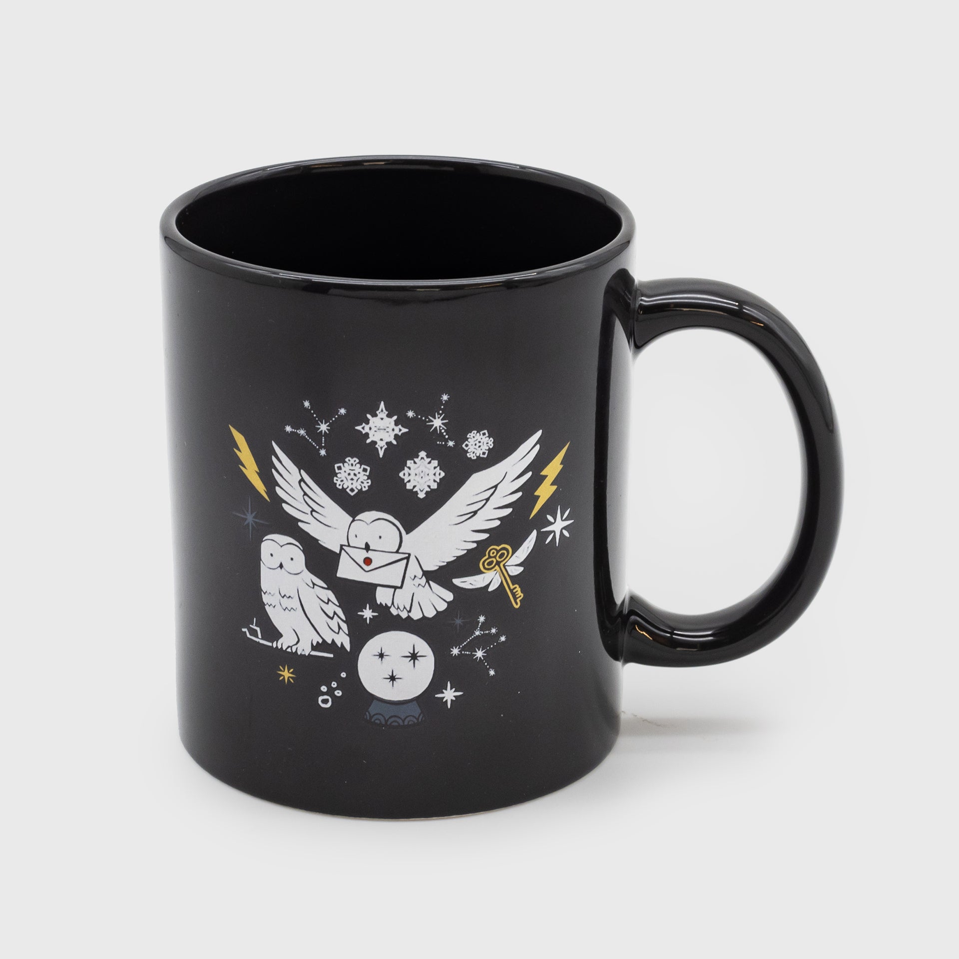 harry potter mug. image: owl carrying envelope. second owl on perch. crystal ball. flying key. snow flakes and stars.