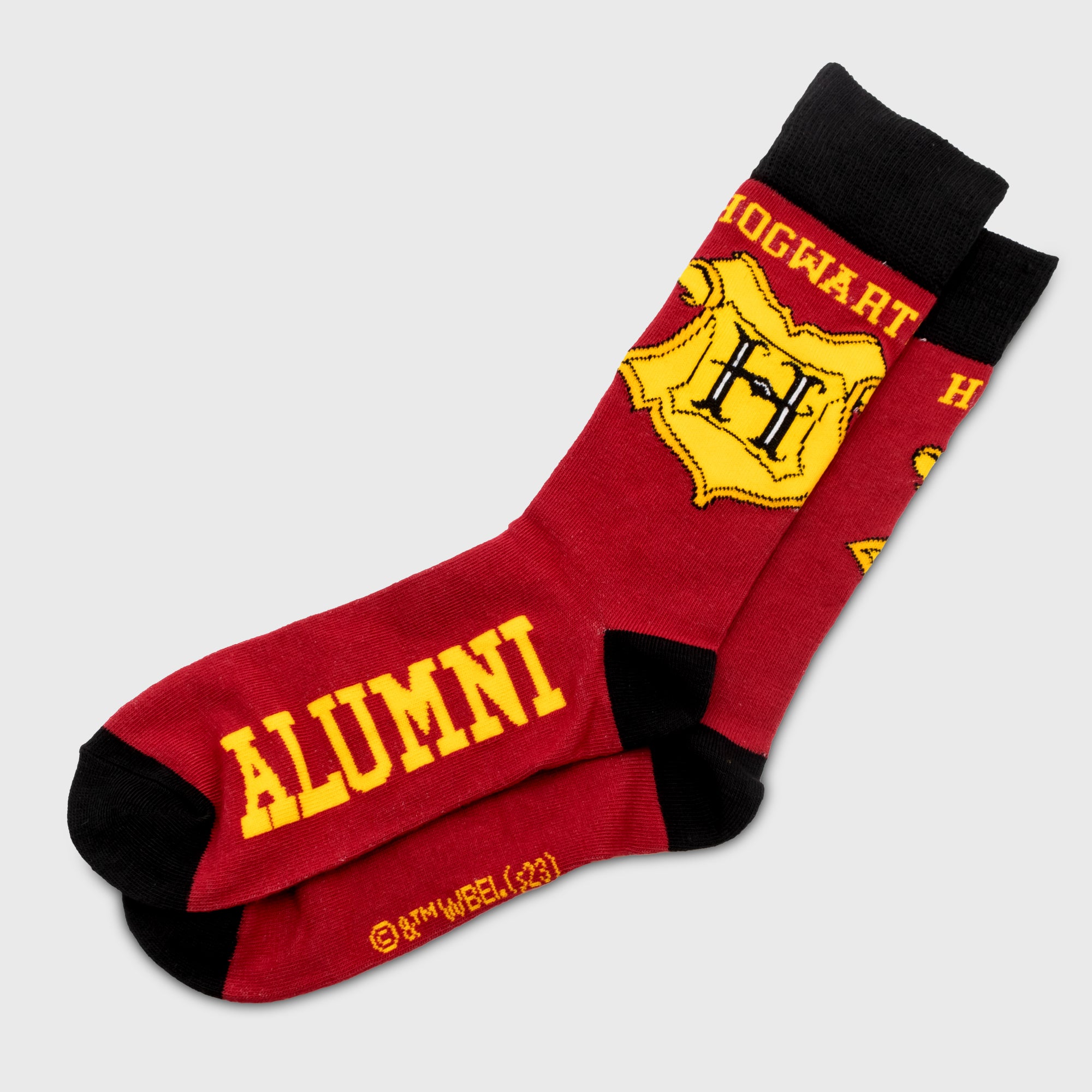 crew socks. hogwarts symbol on top. text: hogwarts alumni