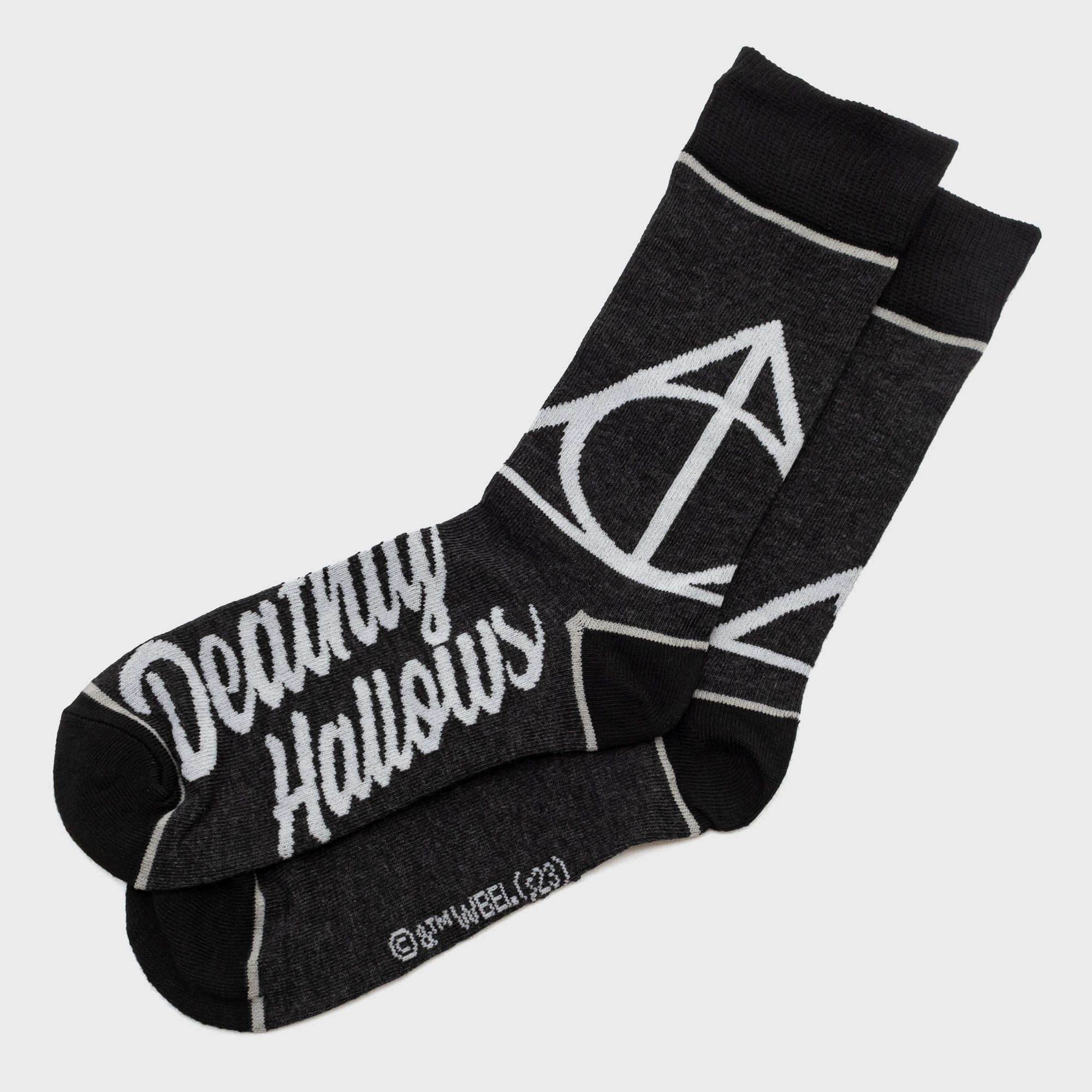 crew socks. image: deathly hallows simple on top of sock. text: deathly hollows on bottom.
