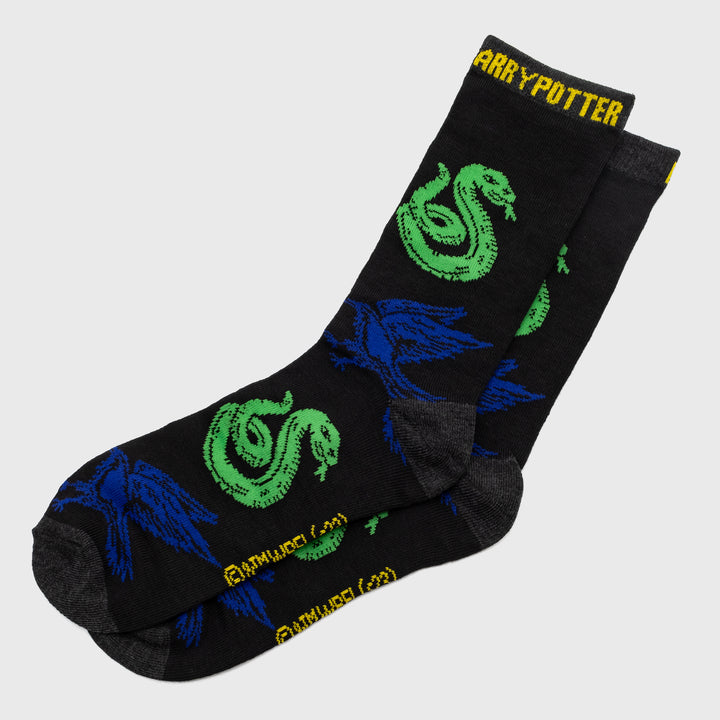 crew socks. snake and raven pattern on sock. text on top: harry potter.
