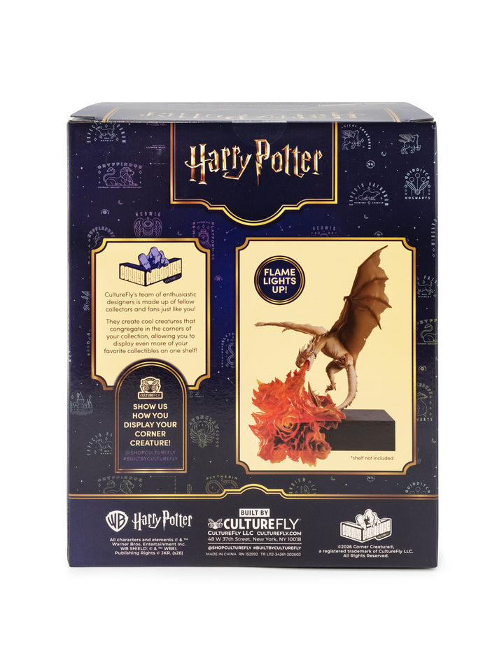 Harry Potter toy box with dragon and flame design on a white background