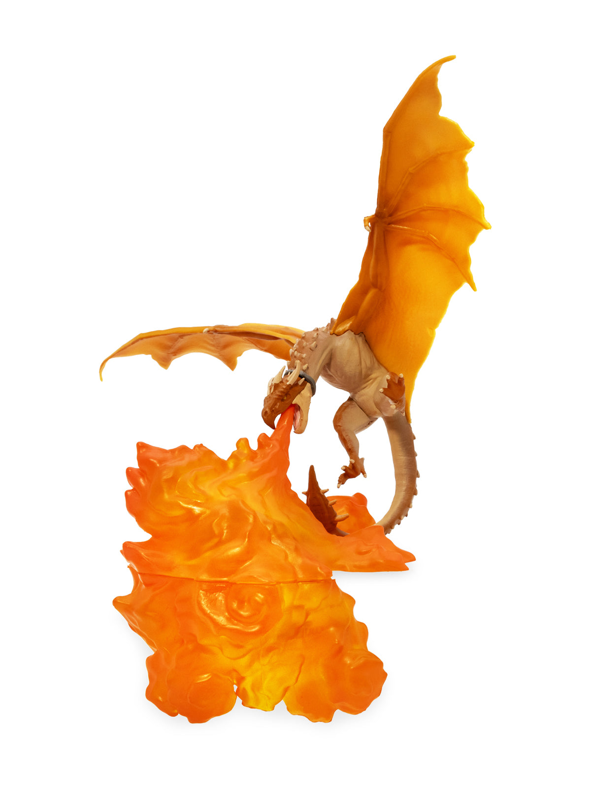 Dragon figurine breathing fire on a white background