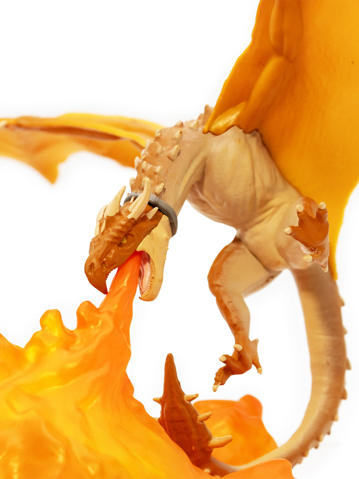 Dragon-like creature with flames coming out of its mouth on a white background