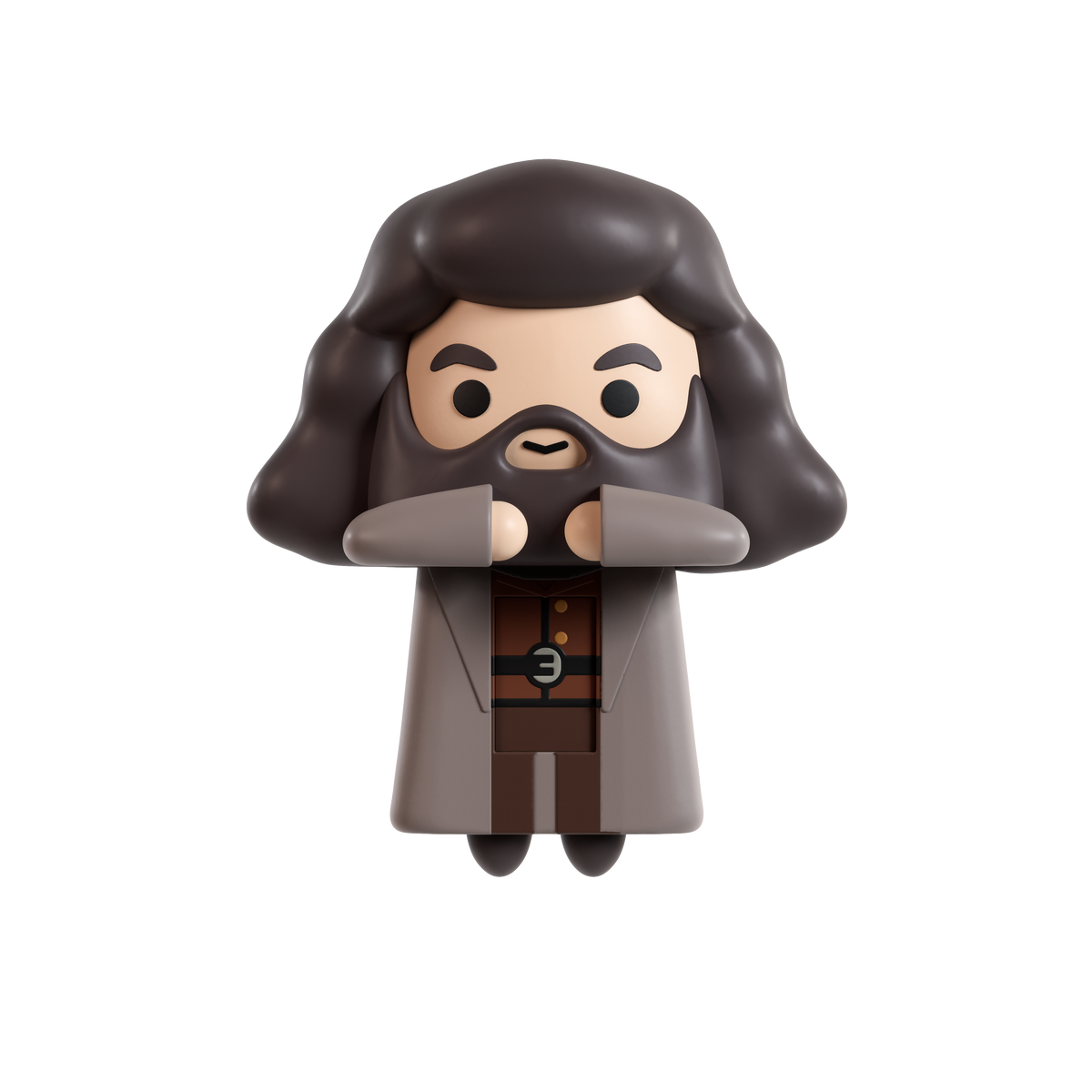 A stylized chibi figurine of a poofy dark hair character with a brown cloak, has a beard, isolated on a solid black background.