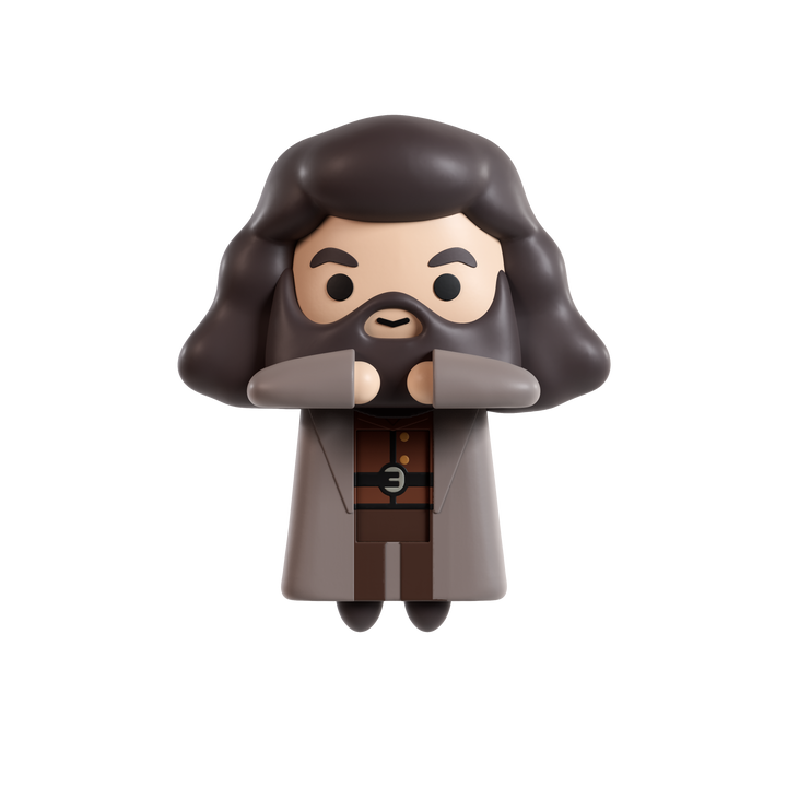 A stylized chibi figurine of a poofy dark hair character with a brown cloak, has a beard, isolated on a solid black background.
