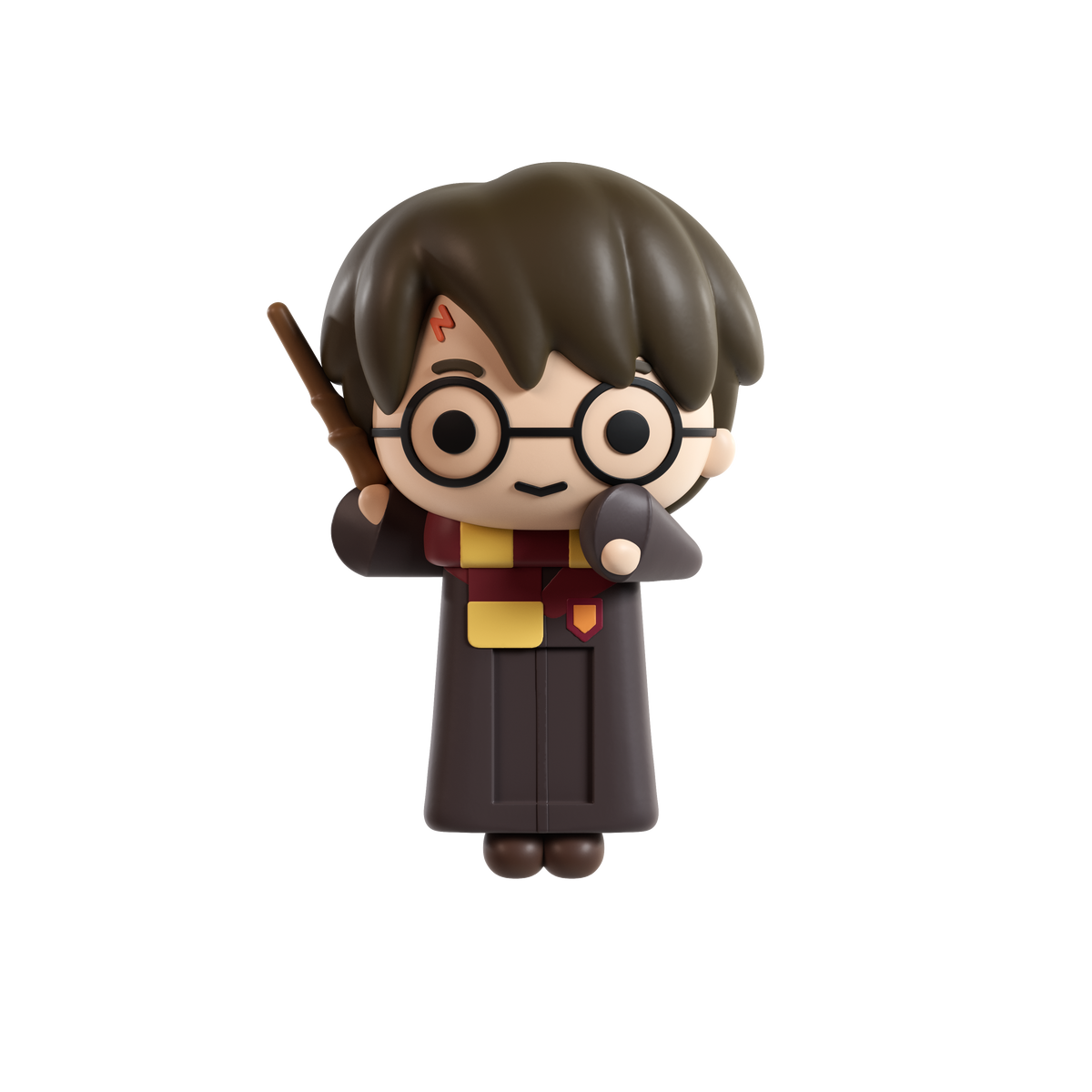 A stylized chibi figurine of a brown hair wizard character with a lightning bolt scar with a brown robe, holding a wand, isolated on a solid black background.
