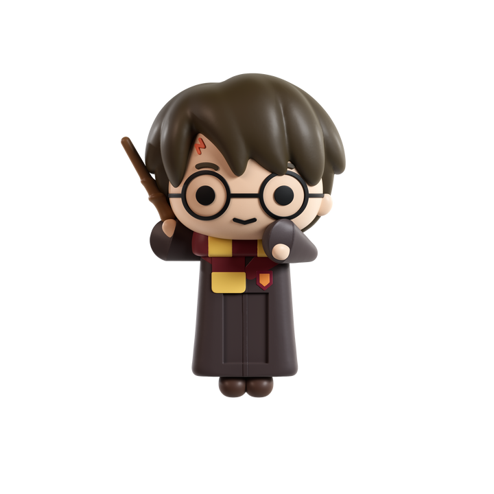 A stylized chibi figurine of a brown hair wizard character with a lightning bolt scar with a brown robe, holding a wand, isolated on a solid black background.
