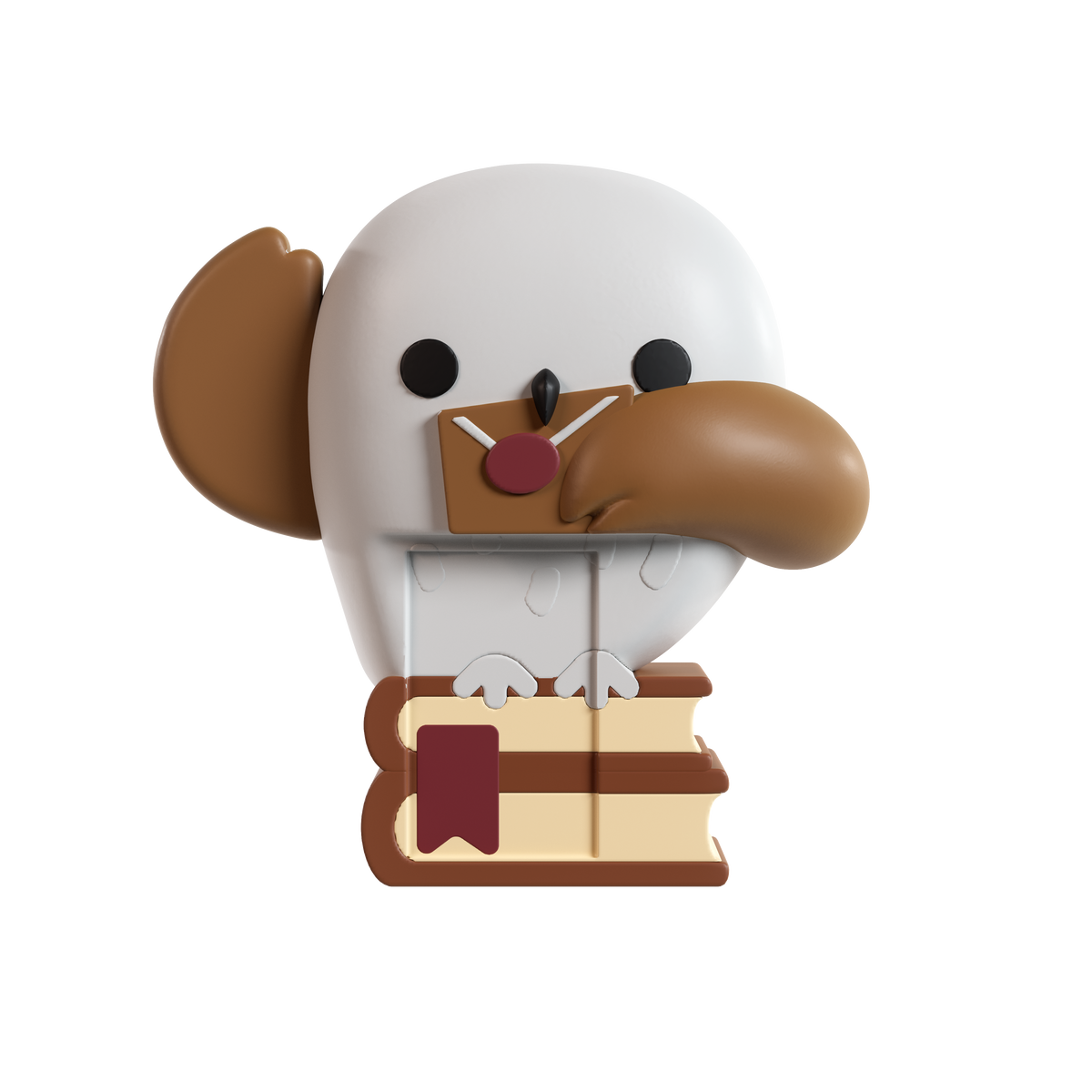 A stylized cartoon bird character with a white body, brown ear and beak, holding a stack of books with a red bookmark, isolated on a black background.