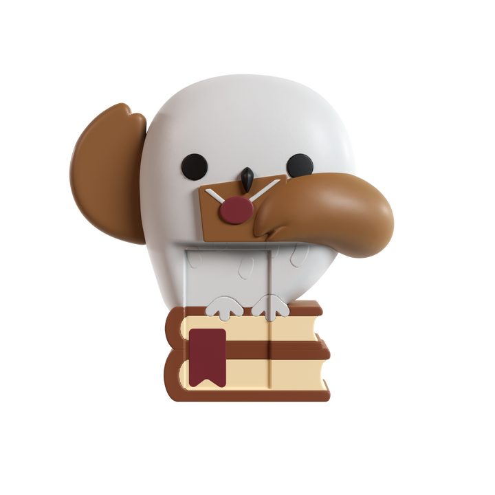 A stylized cartoon bird character with a white body, brown ear and beak, holding a stack of books with a red bookmark, isolated on a black background.