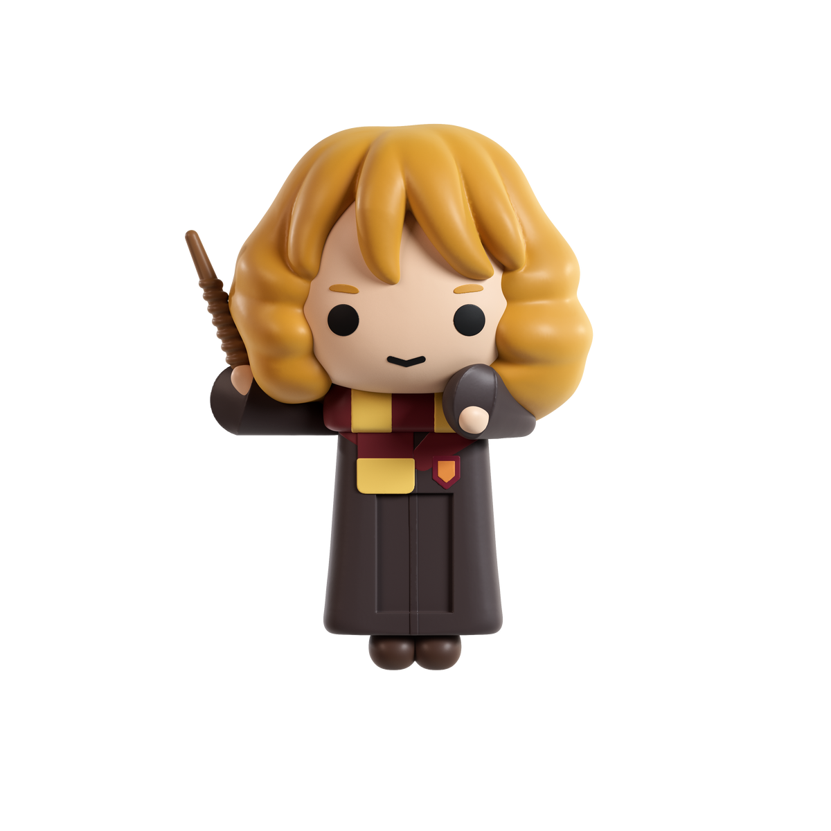 A stylized chibi figurine of a blonde wizard character with a brown robe, holding a wand and a book, isolated on a solid black background.