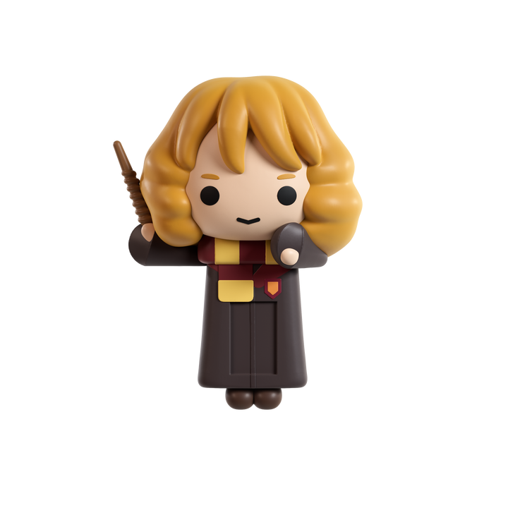 A stylized chibi figurine of a blonde wizard character with a brown robe, holding a wand and a book, isolated on a solid black background.