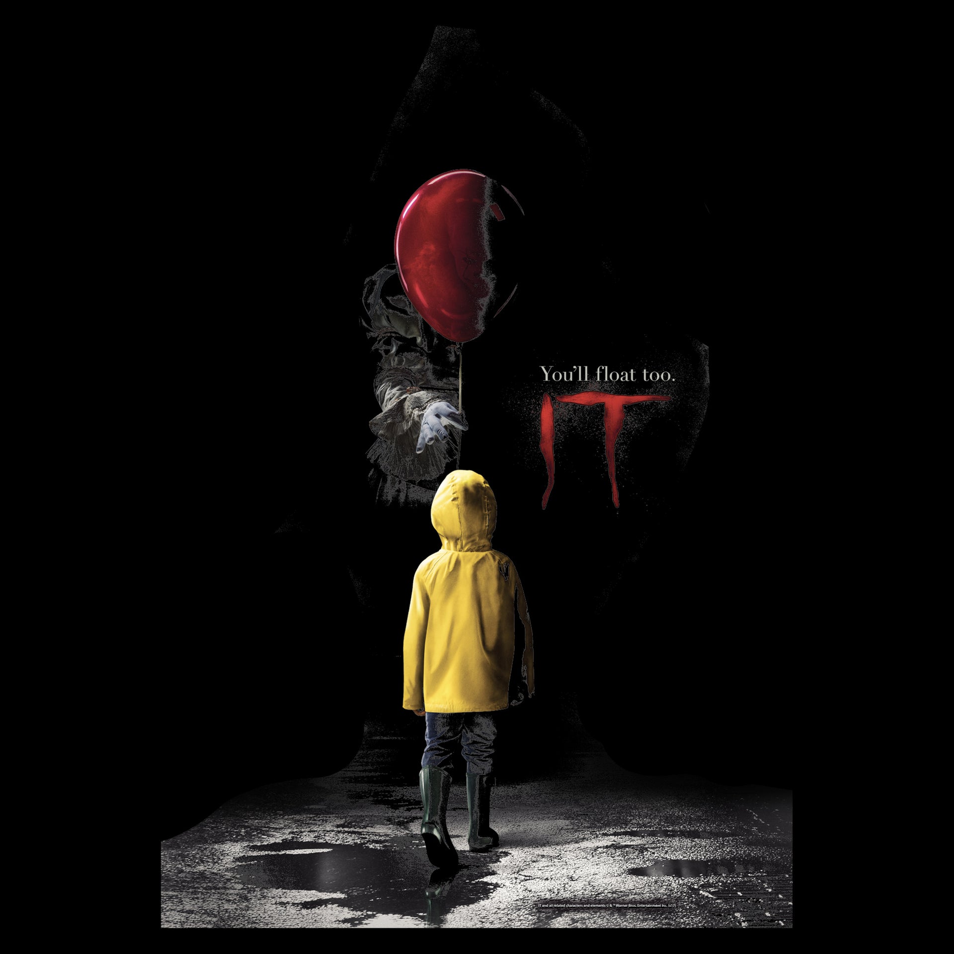 image on shirt: arm reaching out red balloon to child in raincoat and rain boots. text: you'll float too. IT