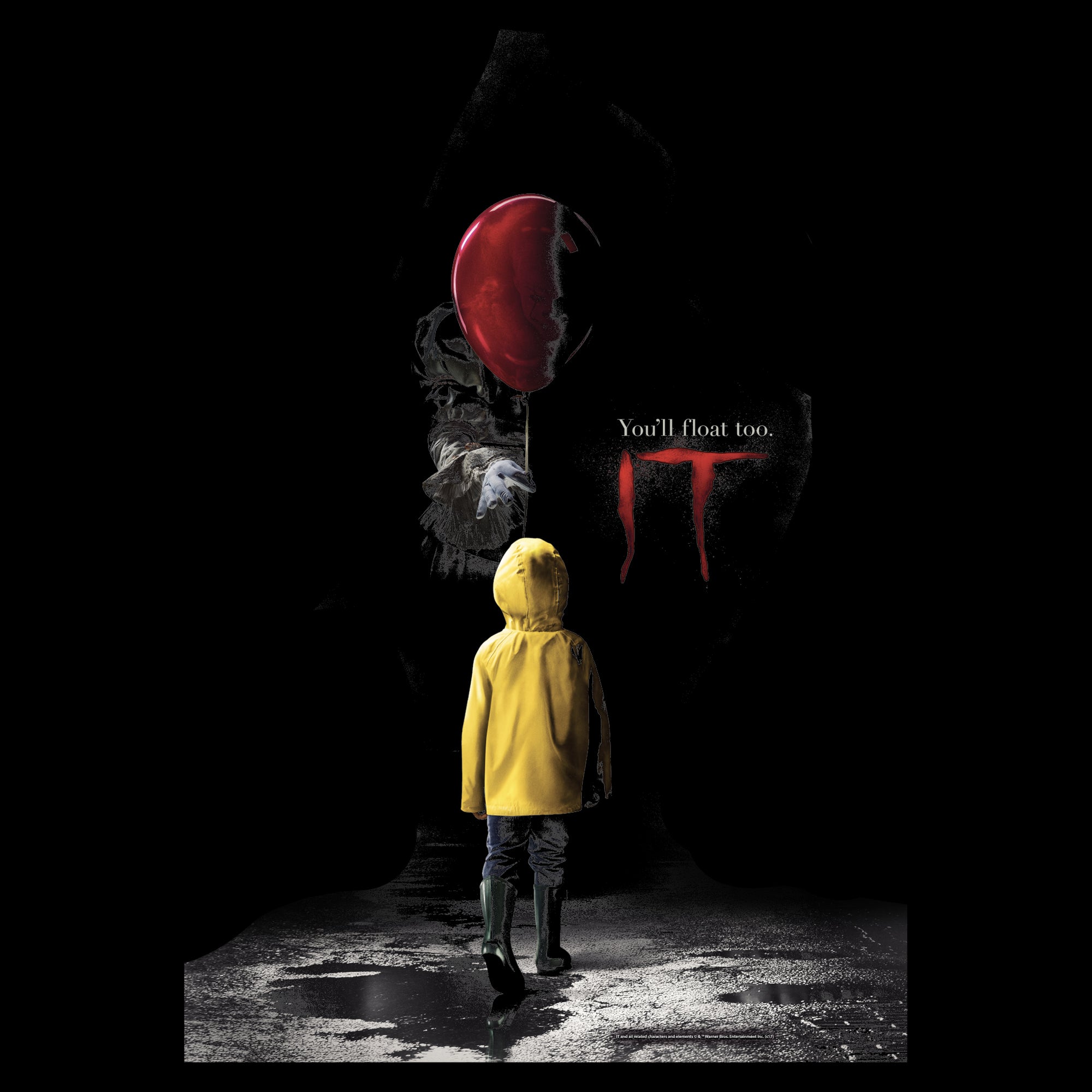 image on shirt: arm reaching out red balloon to child in raincoat and rain boots. text: you'll float too. IT