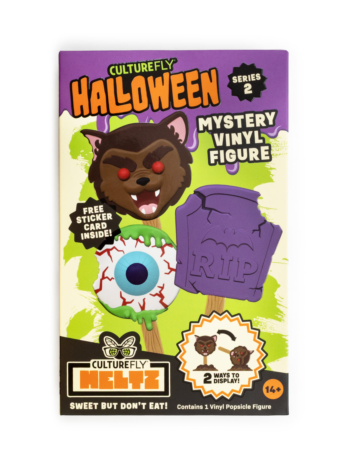 Culturefly Meltz Series 2 Halloween Mystery Vinyl Figure packaging, featuring a purple and cream design with illustrations of a werewolf, a tombstone, and a gory eyeball.