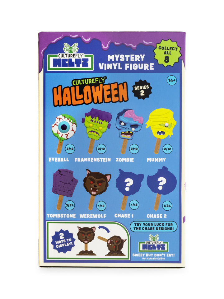 Culturefly Melyz Mystery Vinyl Figure Series 2 Halloween box, featuring a blue front with illustrations of various spooky vinyl figures including eyeball, Frankenstein, zombie, mummy, tombstone, werewolf, and chase variants.