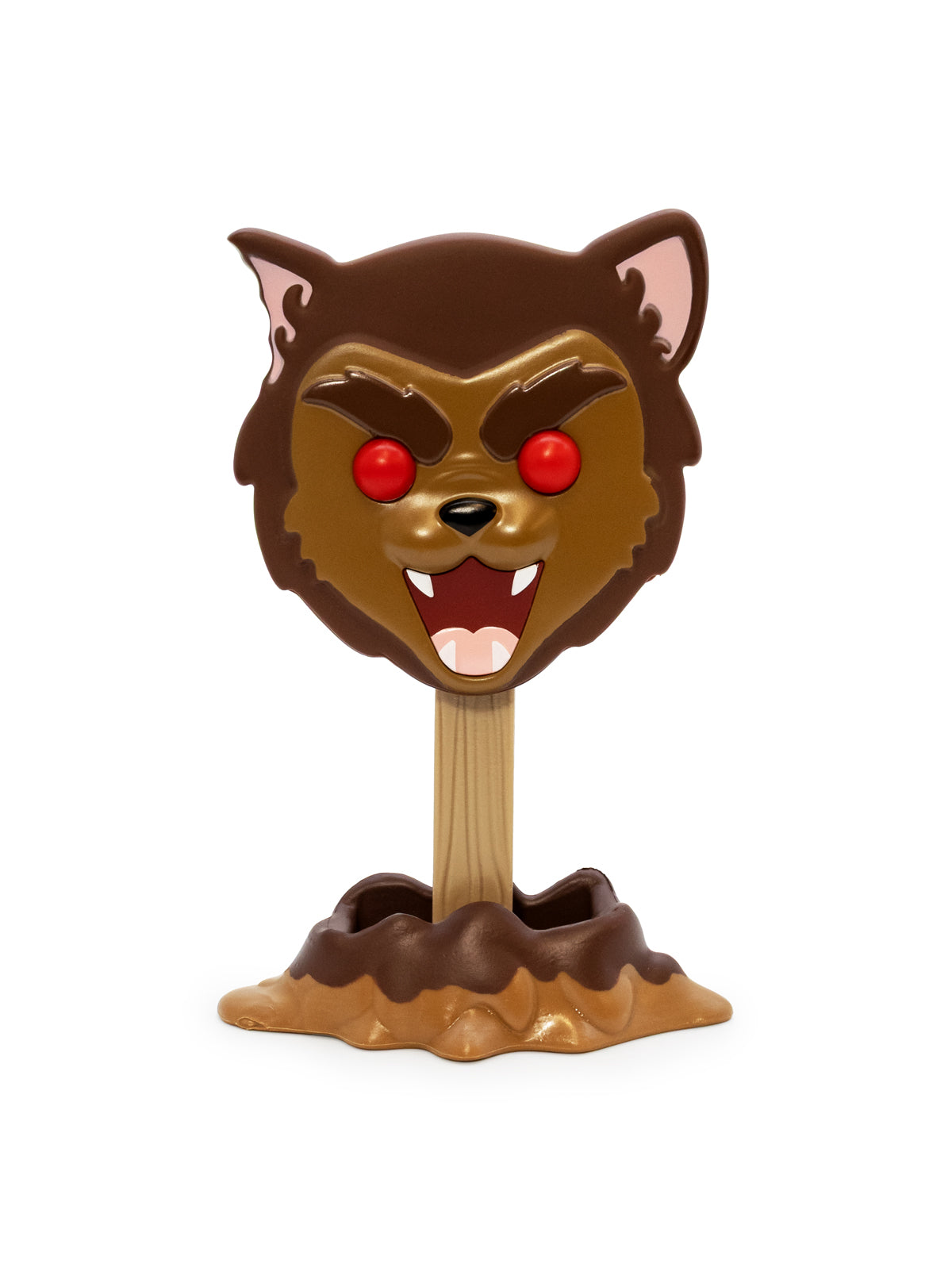 A figurine of a snarling werewolf head on a wooden-stem base with a chocolate-dipped ground effect, isolated on a white background.