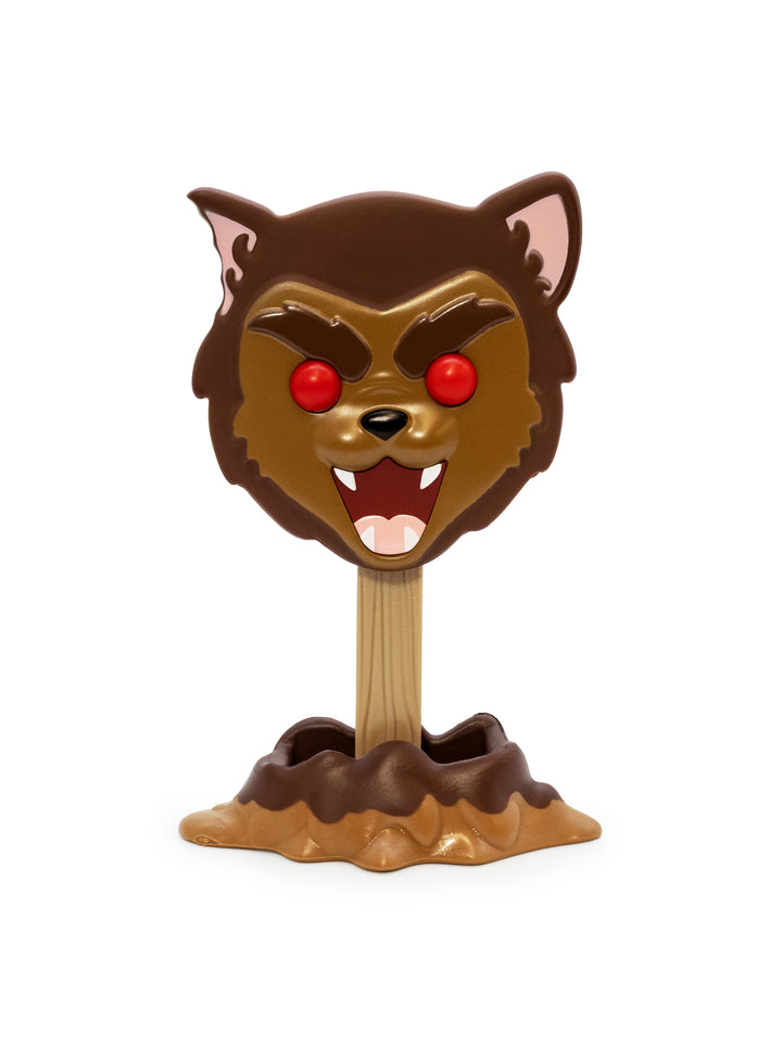 A figurine of a snarling werewolf head on a wooden-stem base with a chocolate-dipped ground effect, isolated on a white background.