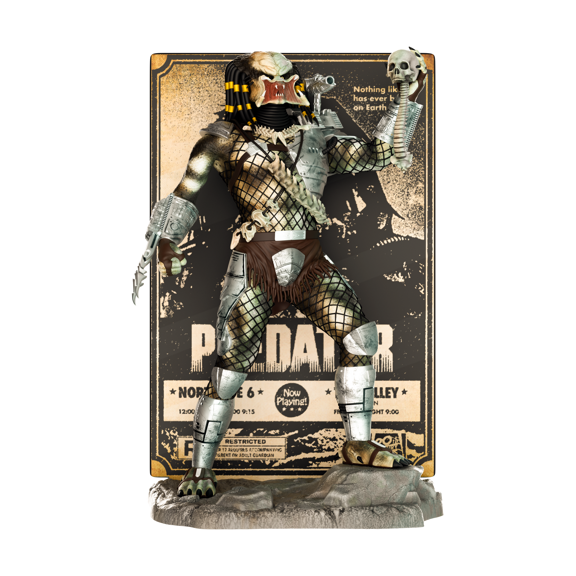 Predator action figure with a detailed backdrop featuring text and graphics.