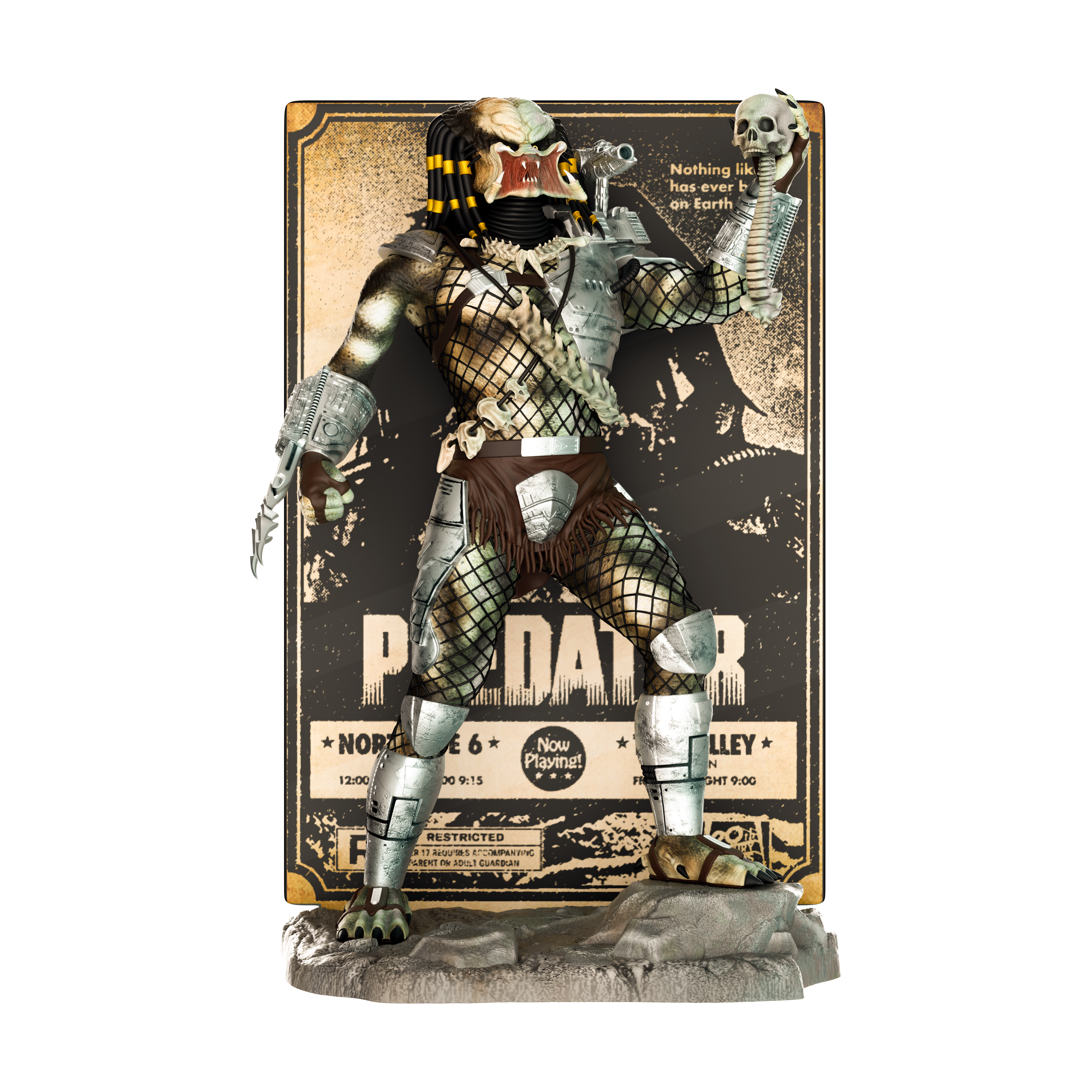 Predator action figure with a detailed backdrop featuring text and graphics.