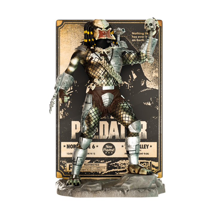 Predator action figure with a detailed backdrop featuring text and graphics.