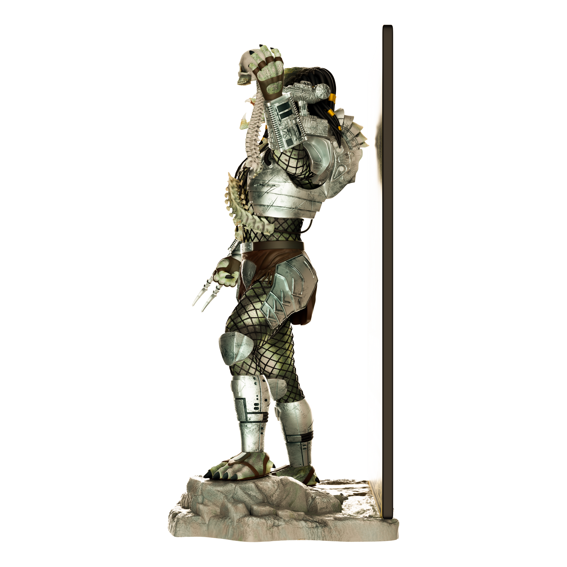 Metallic robot sculpture on a white background