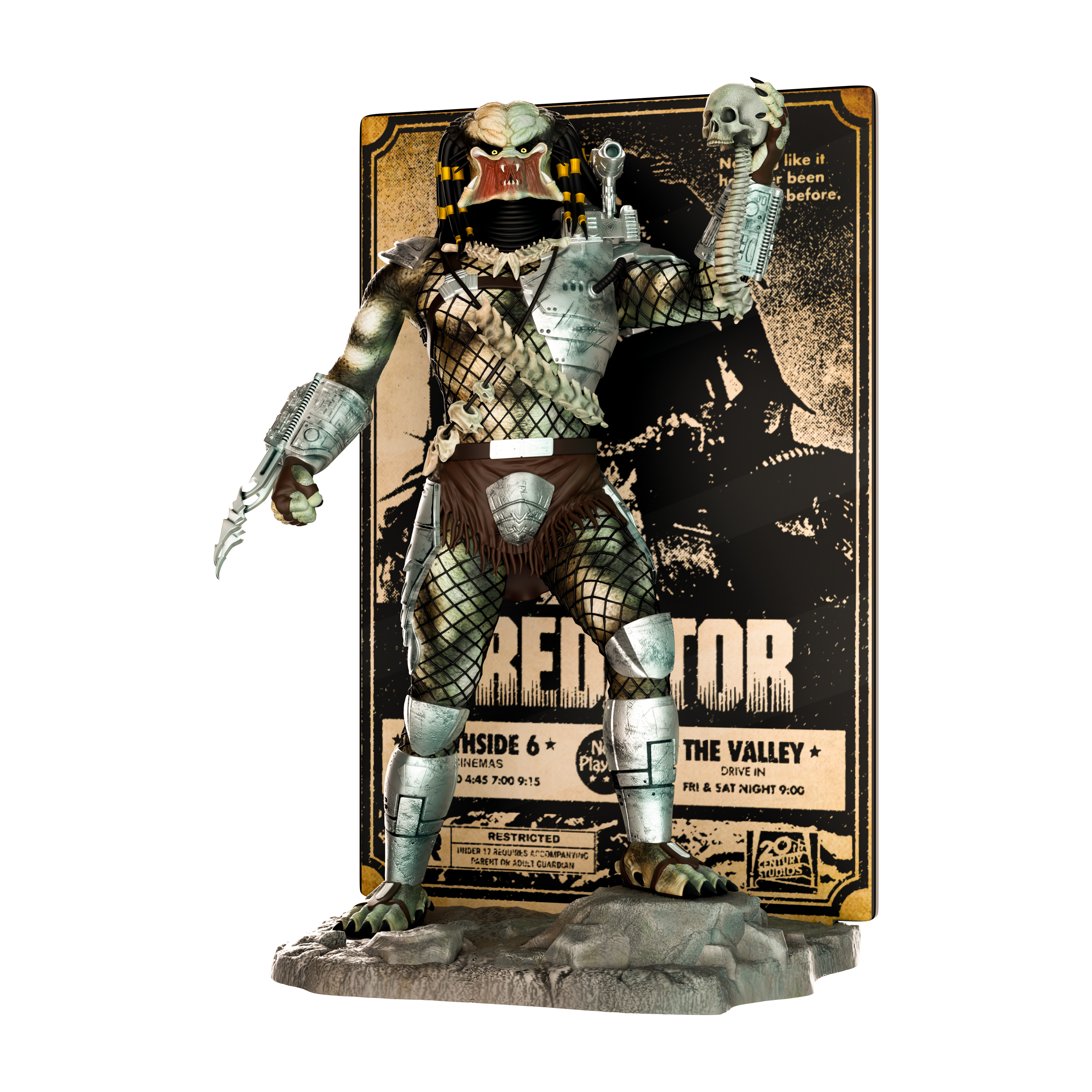 Action figure of a character standing on a white background with a detailed box behind.