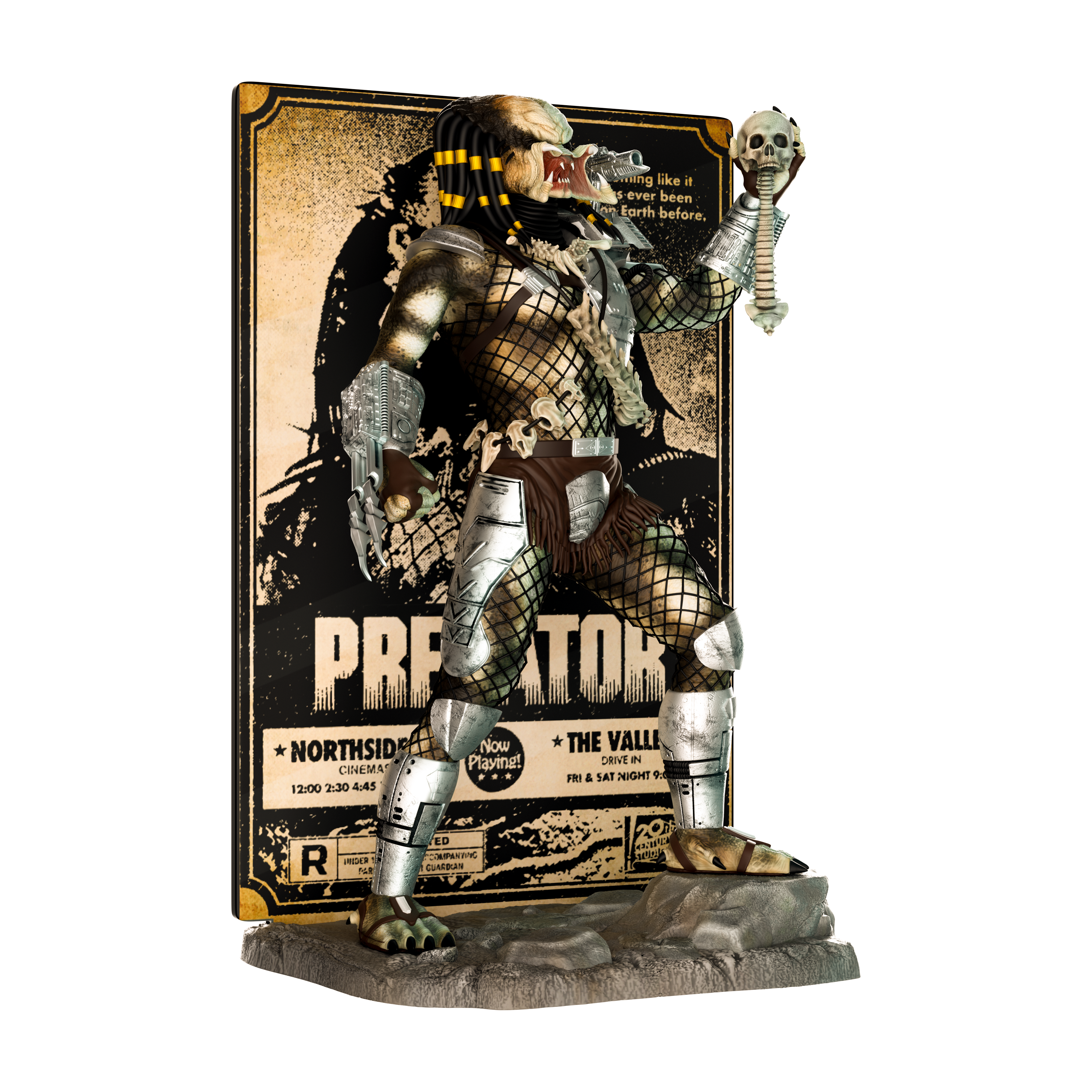 Predator action figure with a detailed backdrop featuring the 'Predator' movie title.