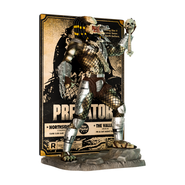 Predator action figure with a detailed backdrop featuring the 'Predator' movie title.