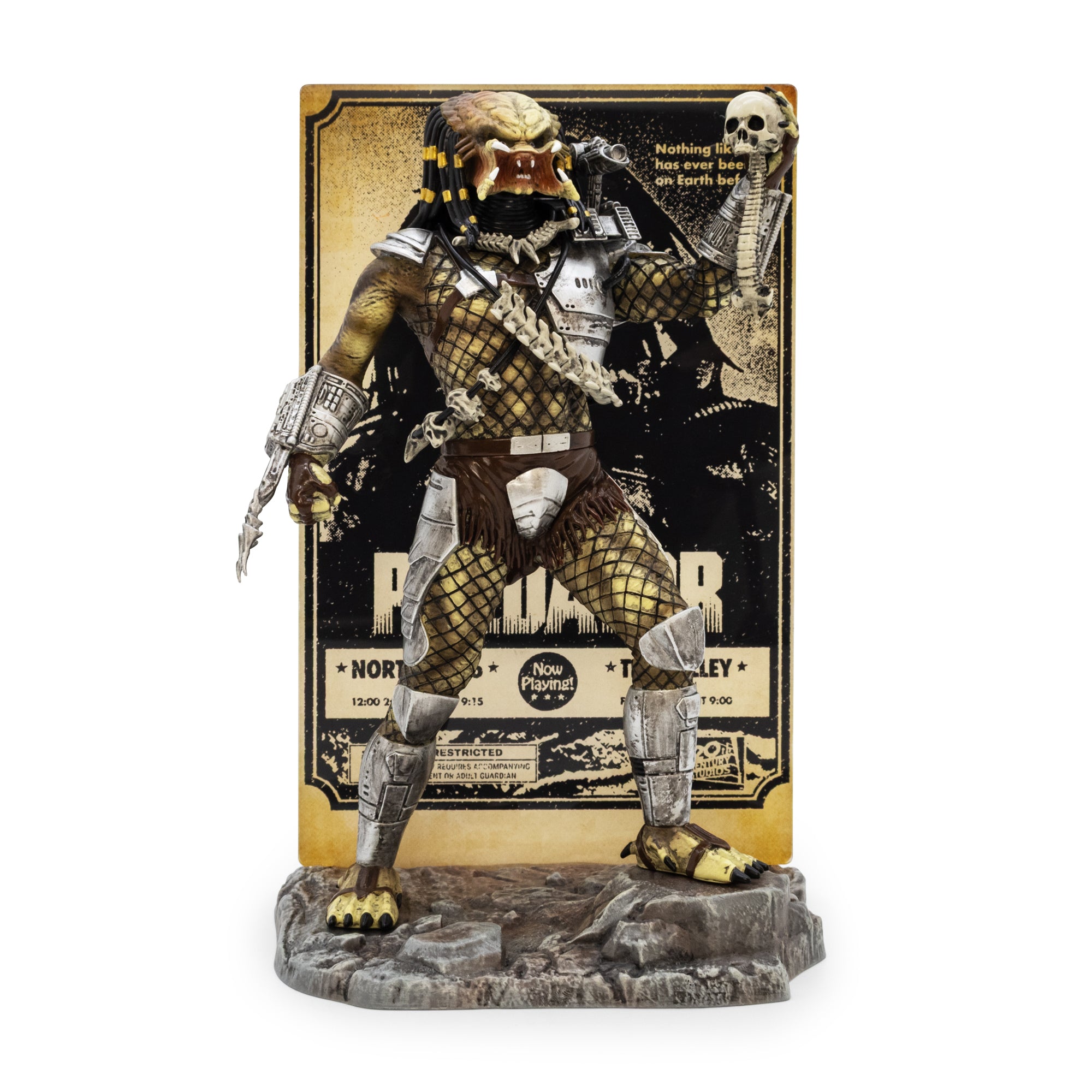 Action figure with detailed costume and helmet, standing on a base against a vintage-style poster.