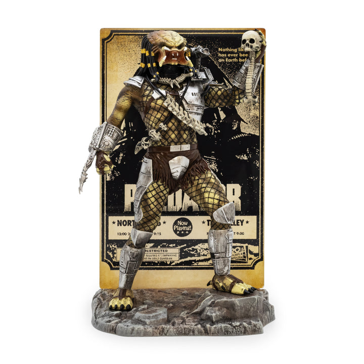 Action figure with detailed costume and helmet, standing on a base against a vintage-style poster.