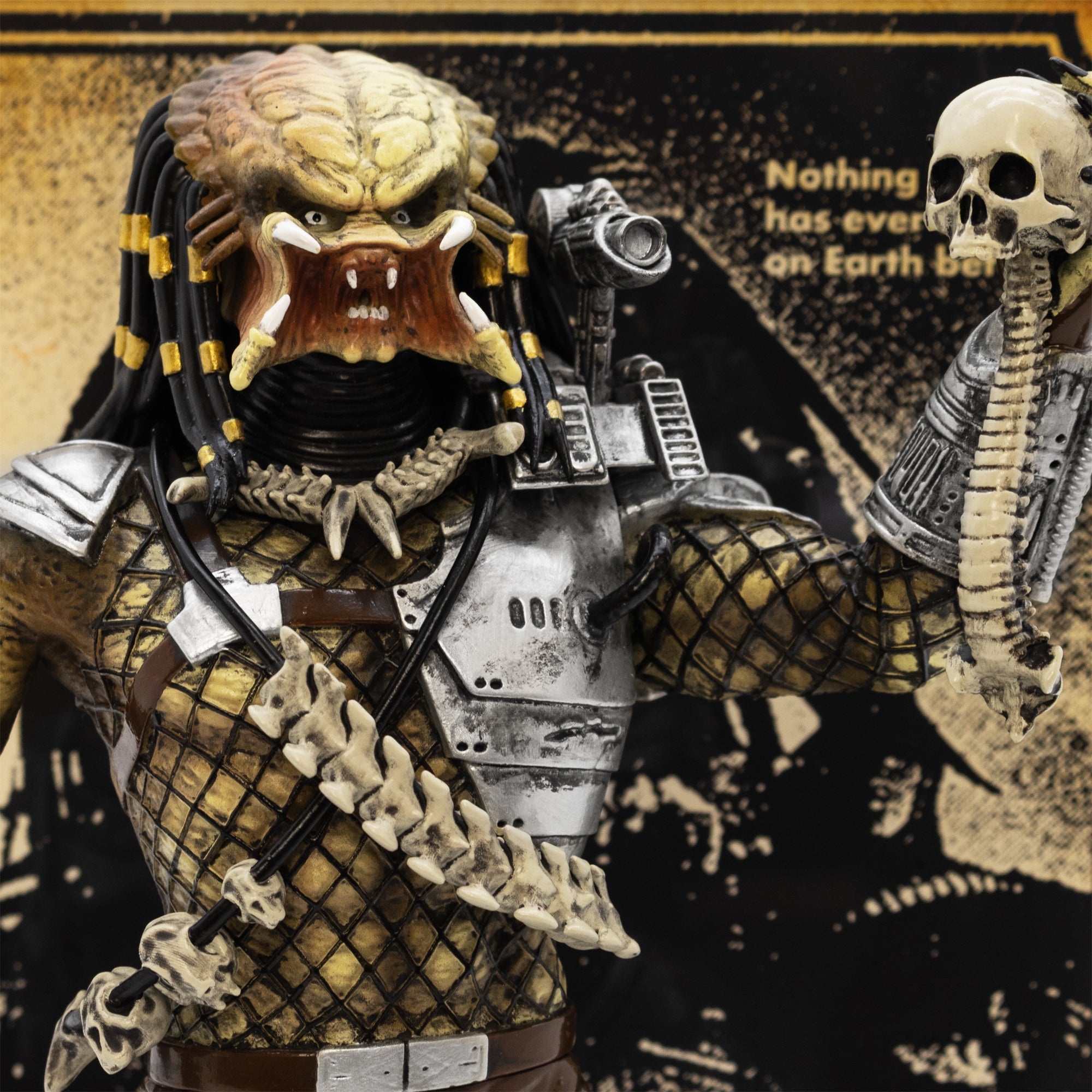 Predator action figure with detailed armor and helmet on a textured background