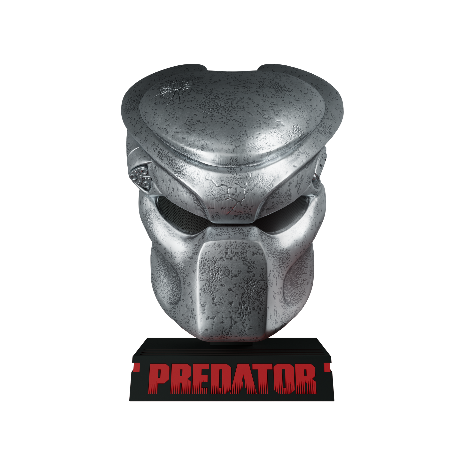 Metallic Predator mask on a stand with 'Predator' branding on a white background