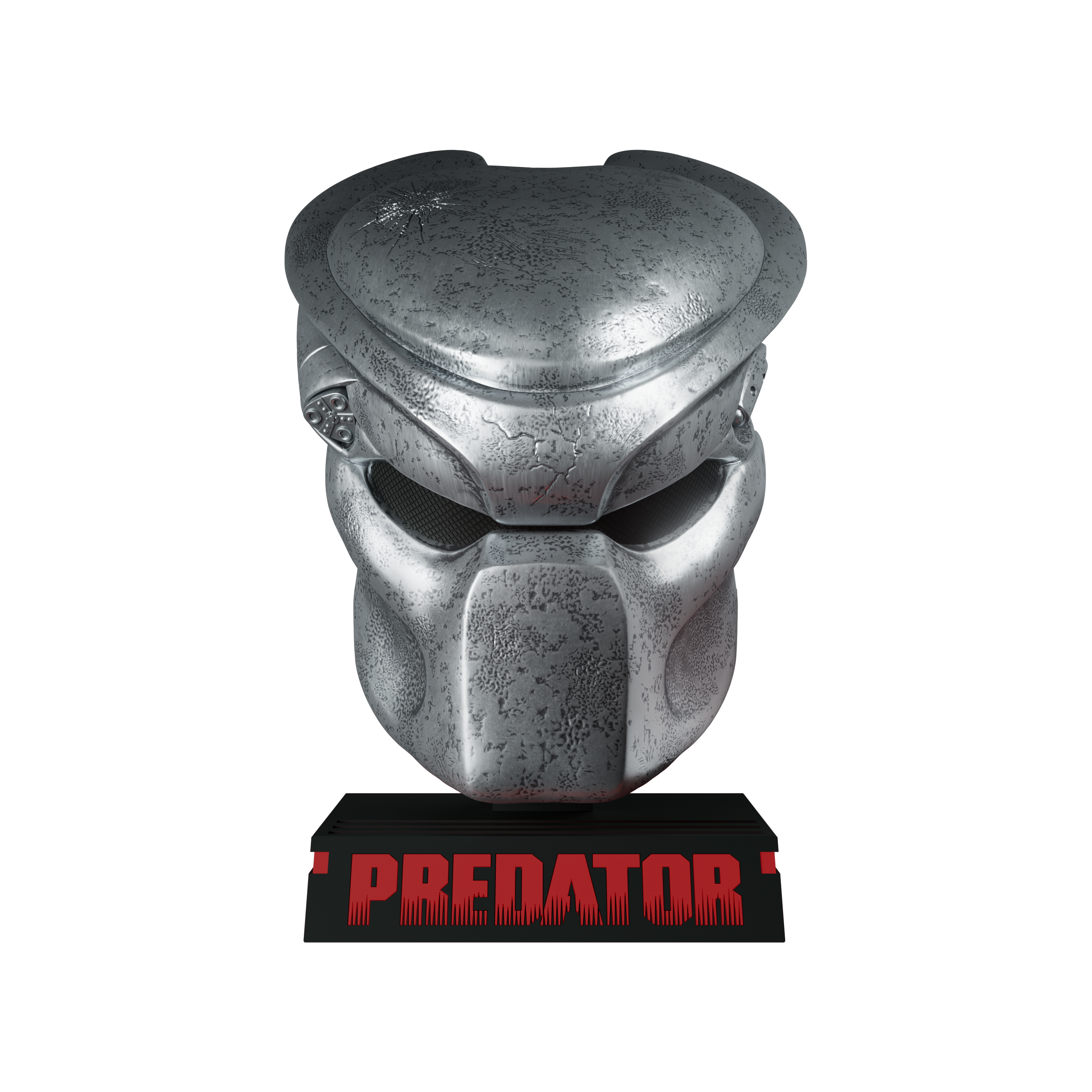 Metallic Predator mask on a stand with 'Predator' branding on a white background