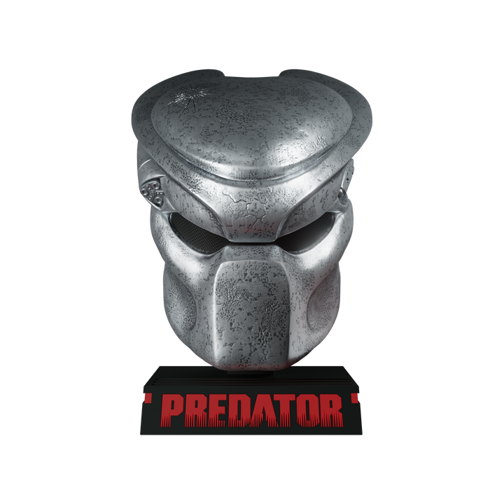 Metallic Predator mask on a stand with 'Predator' branding on a white background