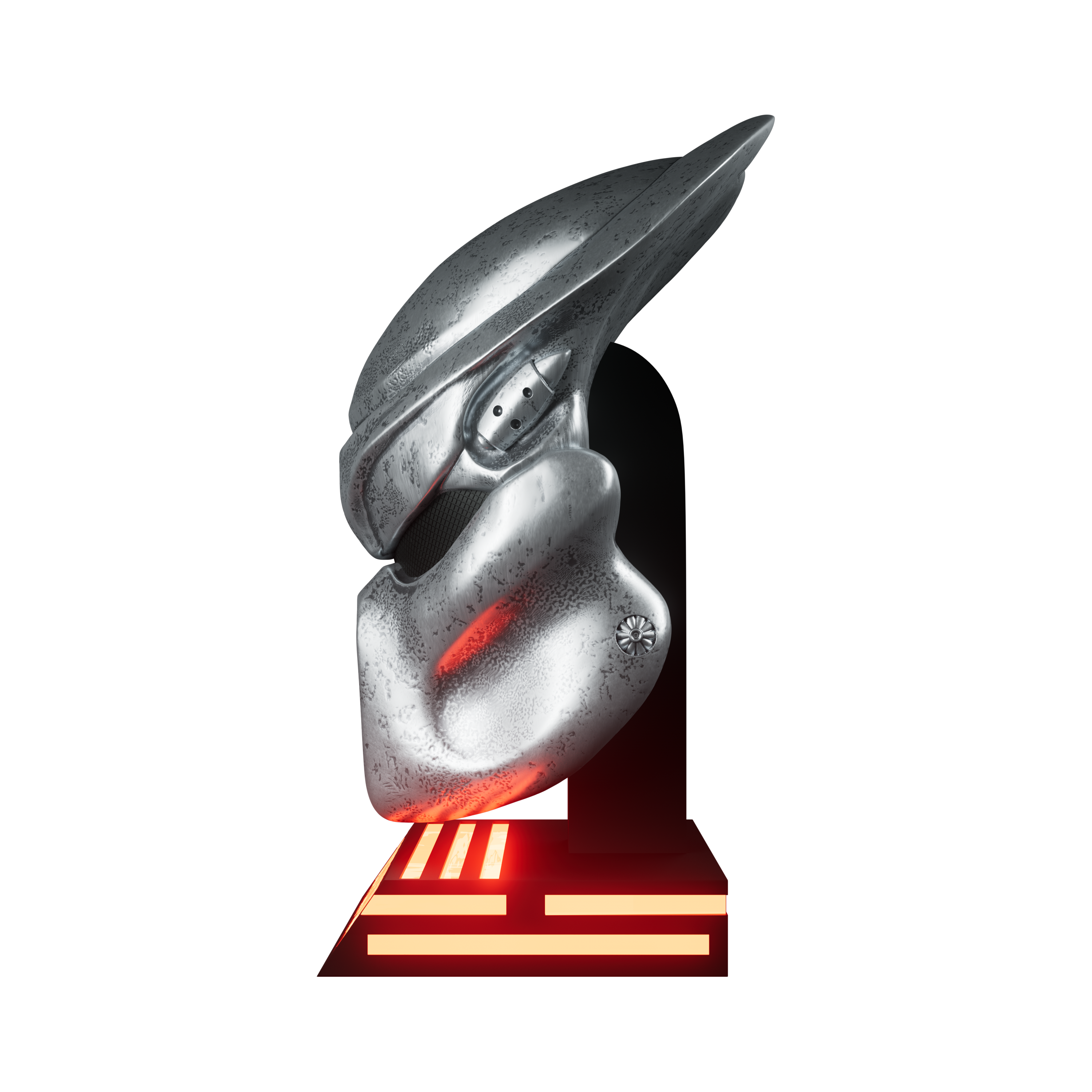 Metallic helmet with red accents on a white background
