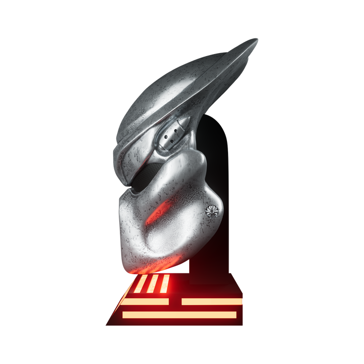 Metallic helmet with red accents on a white background