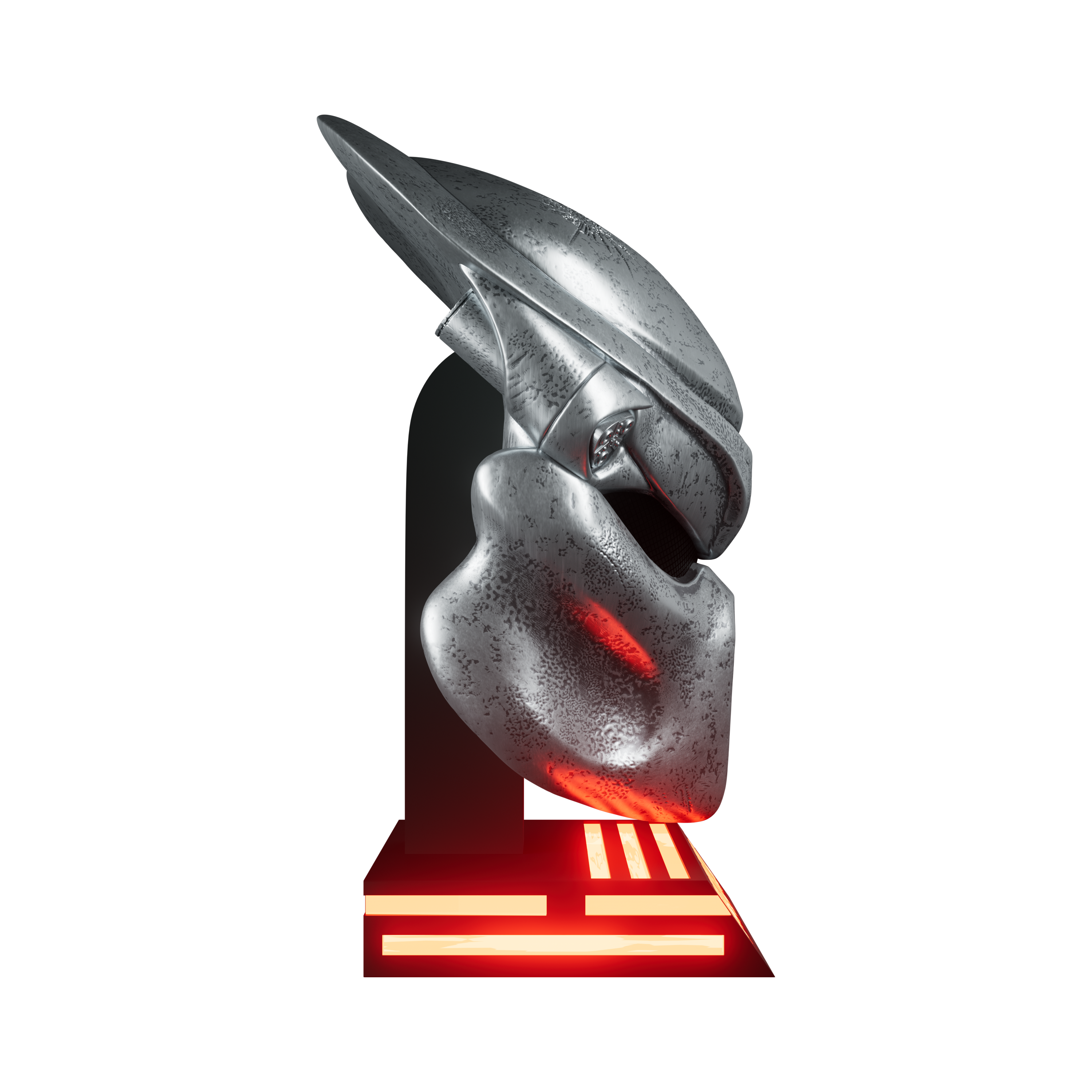 Metallic helmet on a stand with red glowing base against a white background