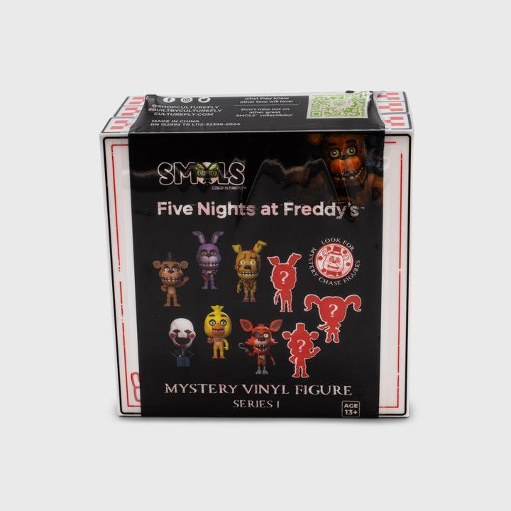 five nights at freddy's unopened packaging. text: smols five nights at freddy's mystery vinyl figure series 1