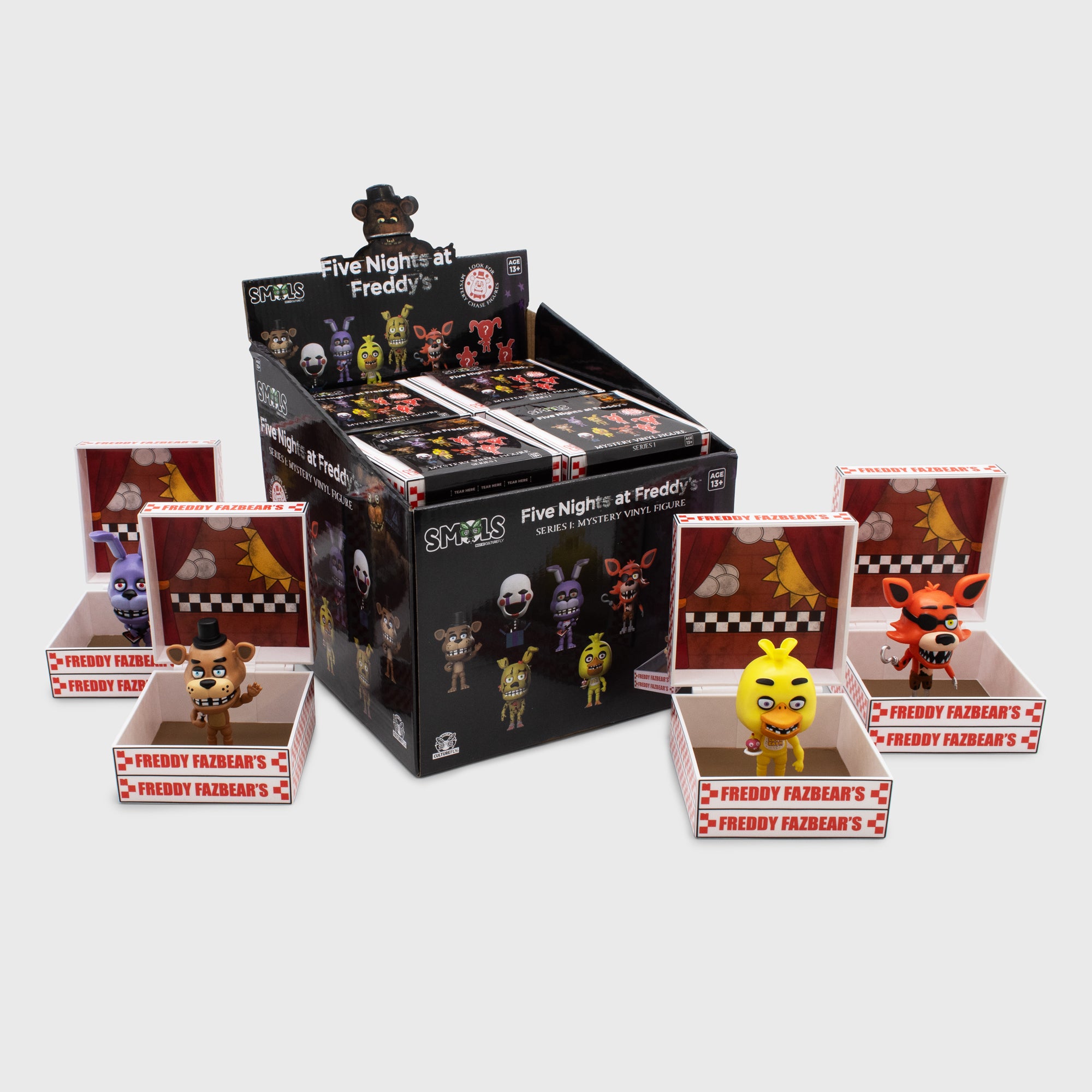 five nights at freddy's smols pdq. opened freddy, bonnie, chica, and foxy next to display.