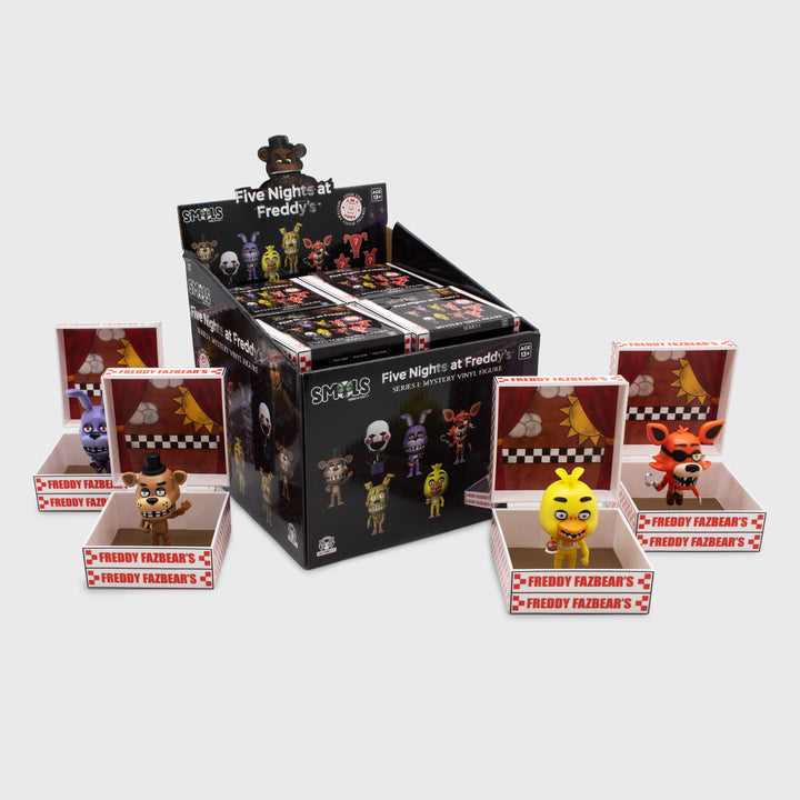 five nights at freddy's smols pdq. opened freddy, bonnie, chica, and foxy next to display.