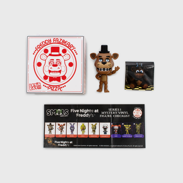 all items that come inside mystery box. pizza box packaging, figure, sticker, checklist.
